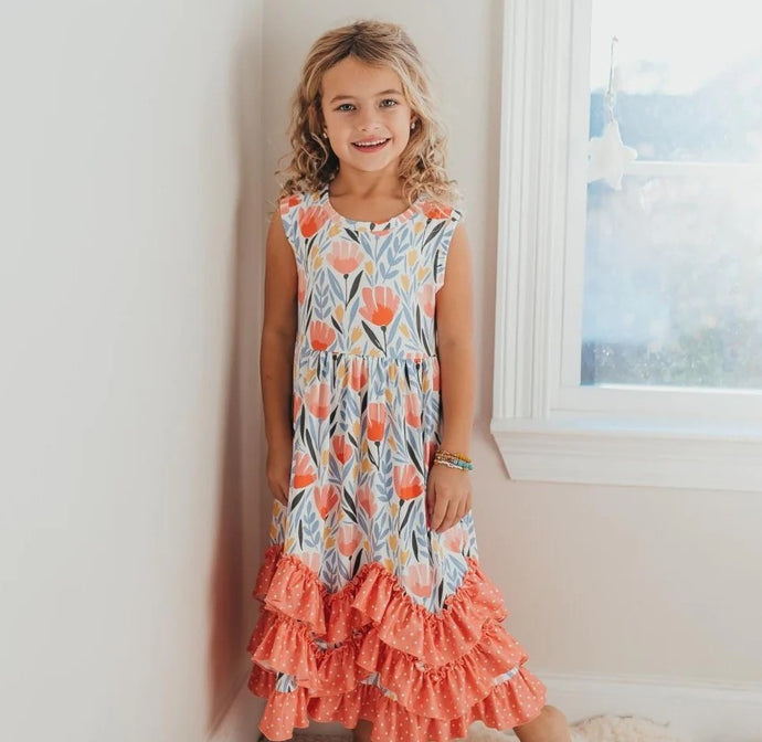 Peach Floral Ruffle Tank Dress