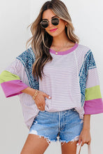 Load image into Gallery viewer, Adult Stripe Floral Raw Edge Patchwork Bracelet Sleeve Top