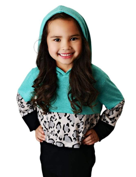 Kids Teal Black & Leopard Print Fall Winter Hoodie Shirt