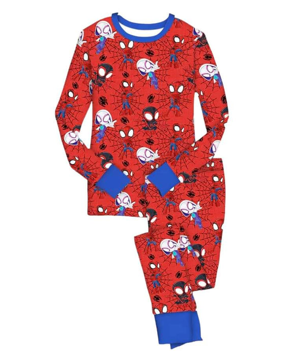 Spidey and Friends Bamboo Lounge Set, Long sleeve top with pants. Vibrant red and blue with spider webs and Spidey characters. 