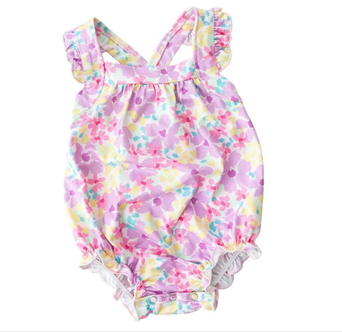 Summer Watercolor Ruffle Cross Back Romper