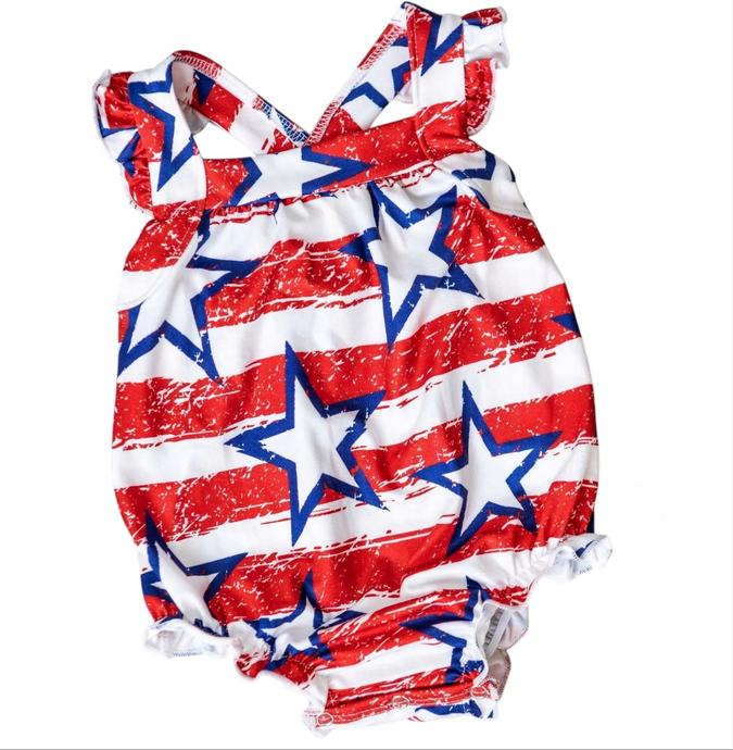 Stars & Stripes Ruffle Cross Back Romper
