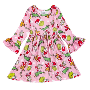 Pink Ruffle Green Guy Twirl Dress