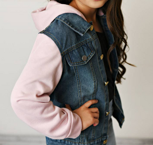 Kids Pink Sleeve Denim Jacket with Hood