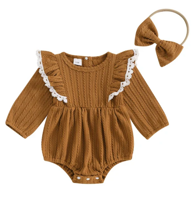 Brown Cable Knit Ruffle Romper