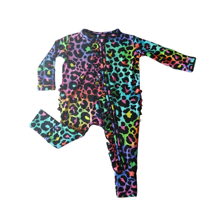 Rainbow Leopard Bamboo Ruffled Zippy Romper