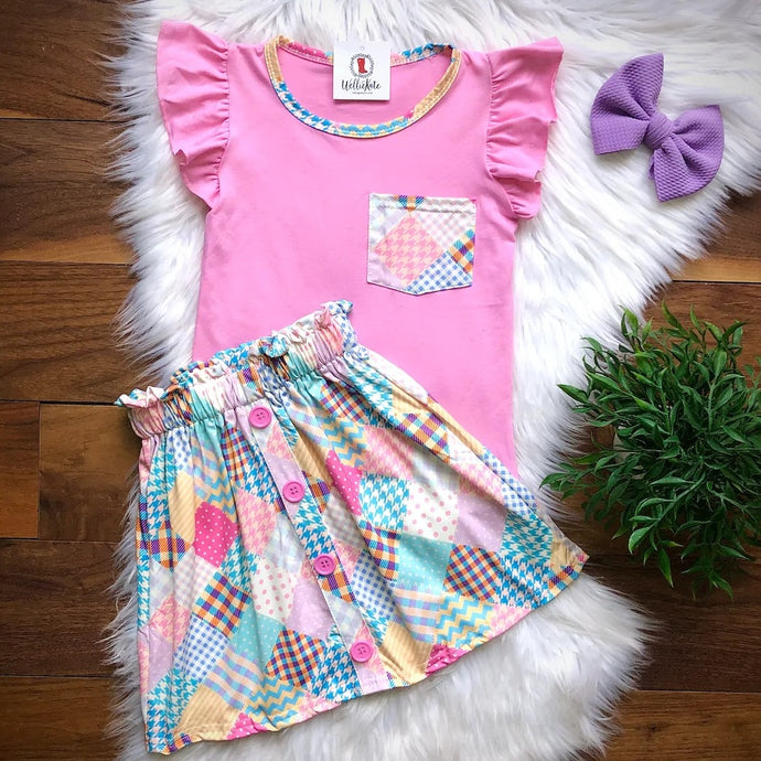 Wellie Kate patchwork and pink skirt set - The Poppy Sage Children's Boutique