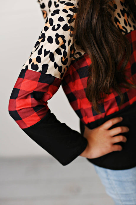 Kids Red Check Leopard Fall Winter Hoodie Shirt