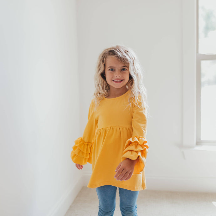 Girls Mustard Blue Long sleeve shirt top with 3 ruffle sleeves