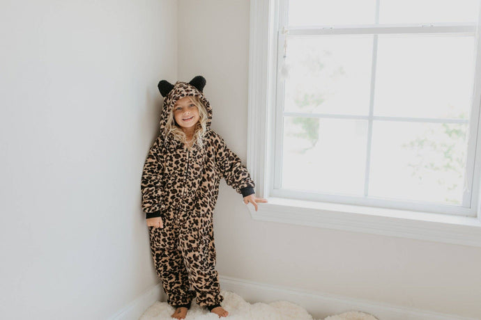 Fall Winter Kids Fuzzy Fur Leopard Onesie with Critter Ears- Size Down