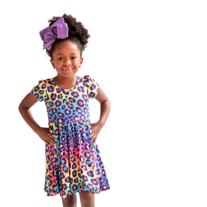 Charlie's Project Rainbow Leopard Short Sleeve Hugs Twirl Dress - The Poppy Sage Children's Boutique