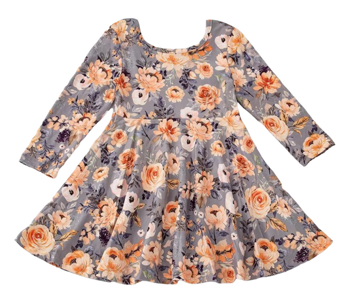Peach Floral long sleeved dress - The Poppy Sage Children's Boutique
