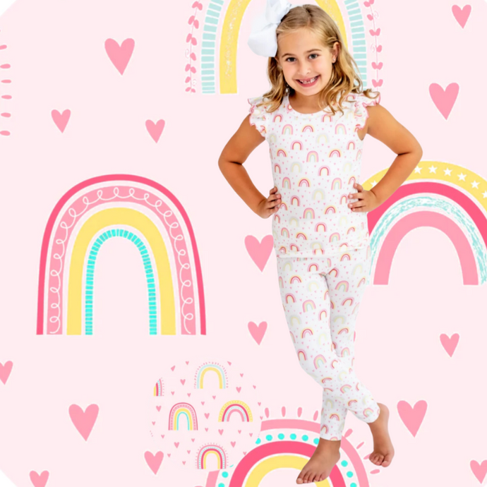 Charlie's Project Love Pink Rainbow Penelope Girls Ruffle Sleeveless Cloud Soft Lounge Set - The Poppy Sage Children's Boutique