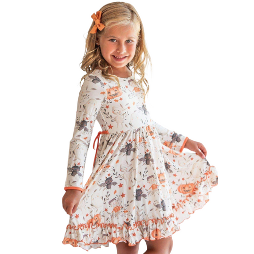 Halloween Cuties - Cross Back Long Sleeve Twirl Dress from Charlie's Project - The Poppy Sage Children's Boutique